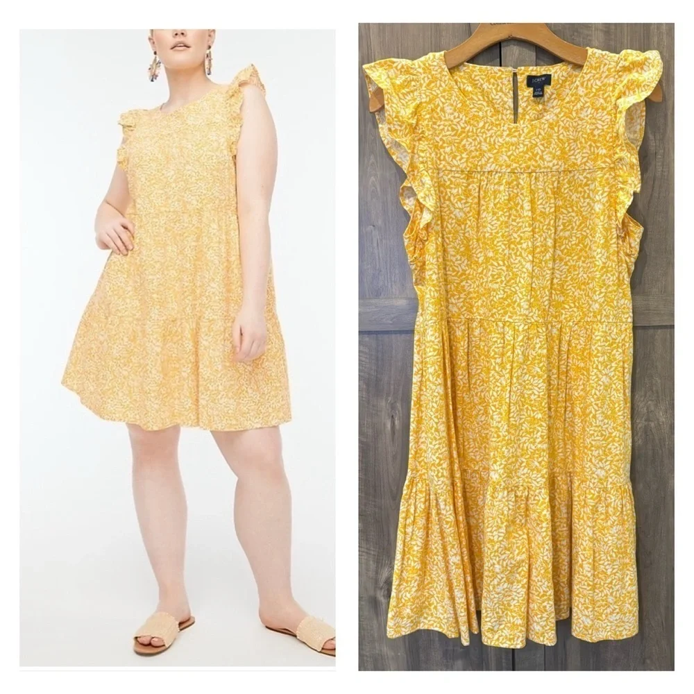 J. Crew Factory Linen Blend Printed Tiered Dress Yellow Floral size 10